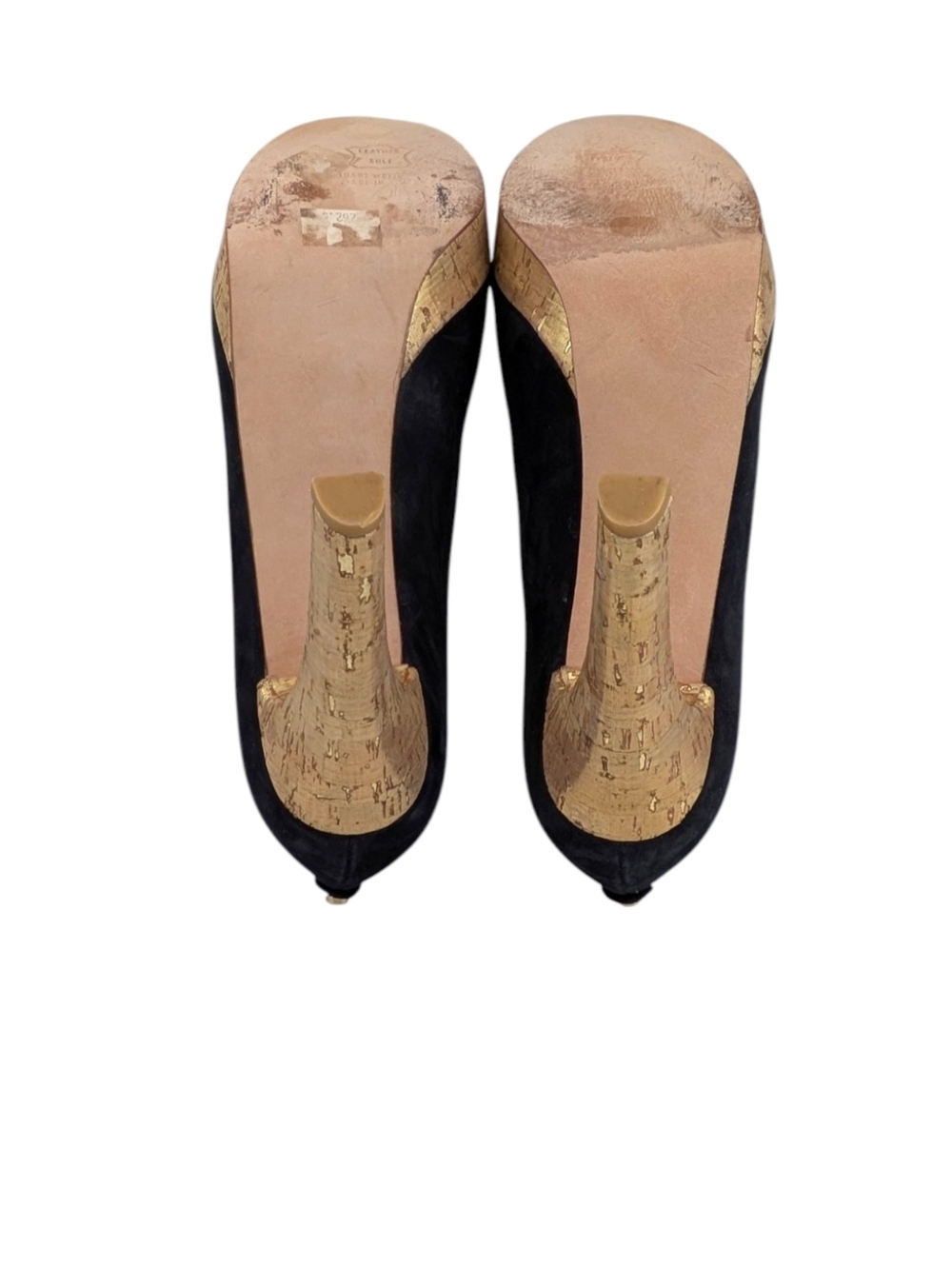 Stuart Weitzman Suede Black Peep Toe Cork Platform Heels Size 9.5 M S4036 - Picture 9 of 12